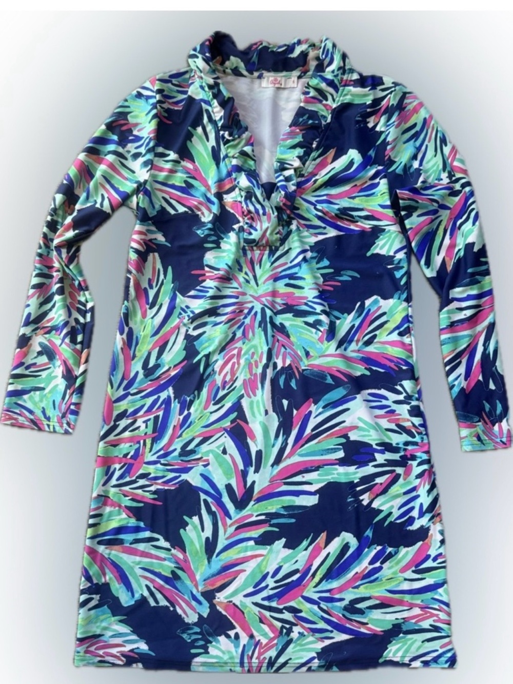 Aryeh Daniela Ruffle V-Neck Long-Sleeve Shift Dress - Tropical Coastal